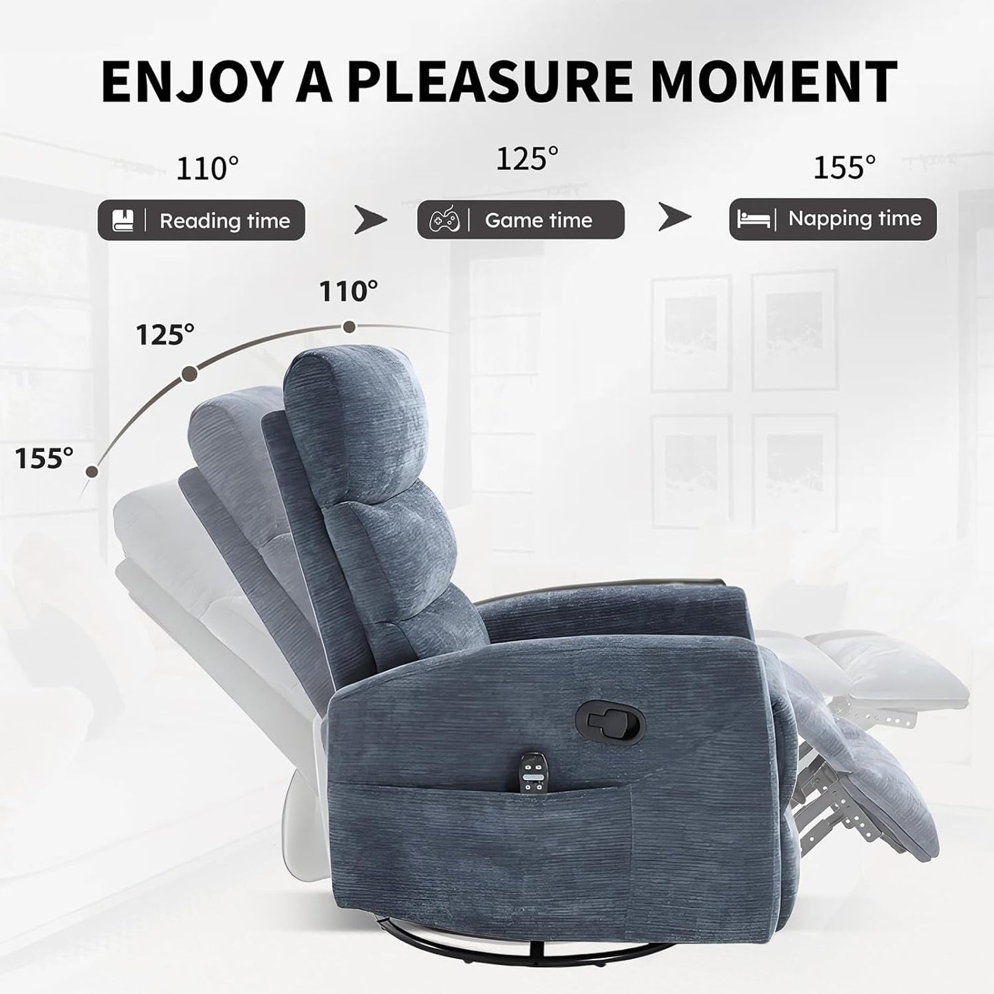 Massage Chair Recliner with Heat, Swivel Rocking Chair Recliner with High Back, Manual Nursery Recliners for Adults,Small Recliner Chair for Small Spaces, Living Room Bedroom, Fabric (Blue Green)
