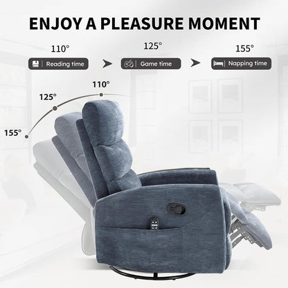 Massage Chair Recliner with Heat, Swivel Rocking Chair Recliner with High Back, Manual Nursery Recliners for Adults,Small Recliner Chair for Small Spaces, Living Room Bedroom, Fabric (Blue Green)
