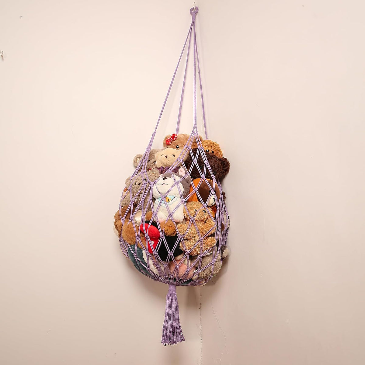 Stuffed Animal Storage Hammock Corner Hanging Net Stuffy Animal Hammock Macrame Toy Display Plush Toy Holder for Kid Bedroom Decor Boho Nursery Playroom Organizer (Cream)