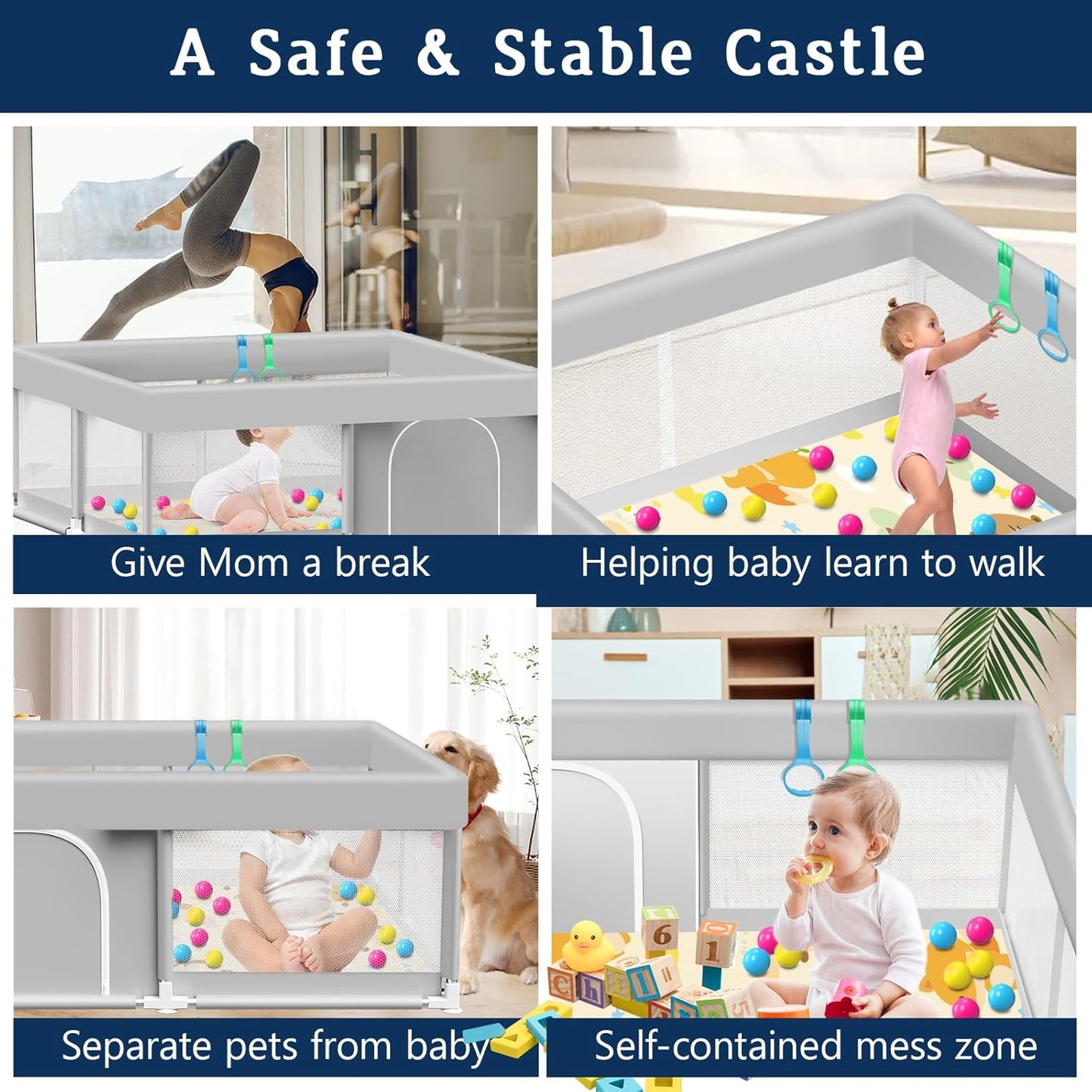 Baby Playpen with Mat, 50x50 Inch Playpen with Mat Waterproof for Babies and Toddlers Play Pen Playards Safety Gate Fence Active Center Indoor
