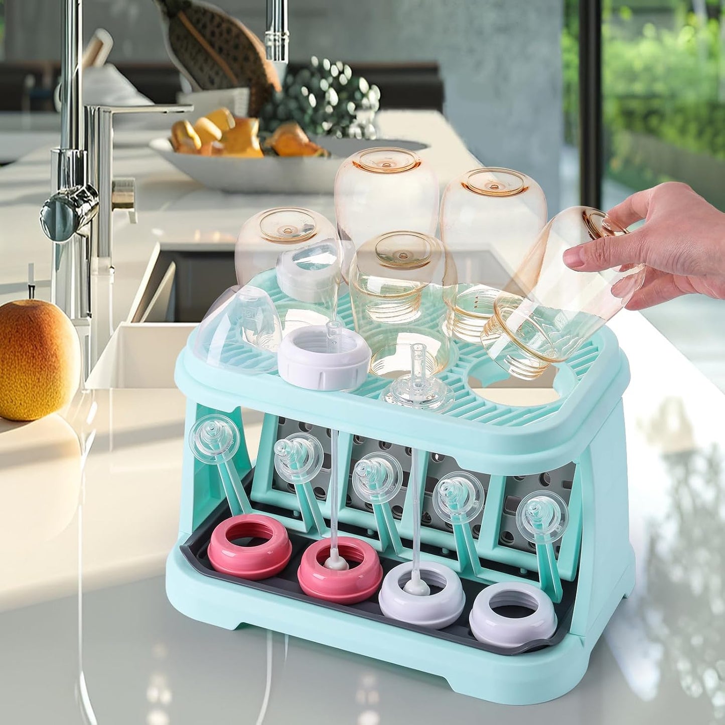 Baby Bottle Drying Rack，Travel Baby Bottle Drying Rack Set, Cleaner Kit with Silicone Bottle Brush,Straw Brush, Suitable for Home use or Traveling with Babies (Coffee Color)