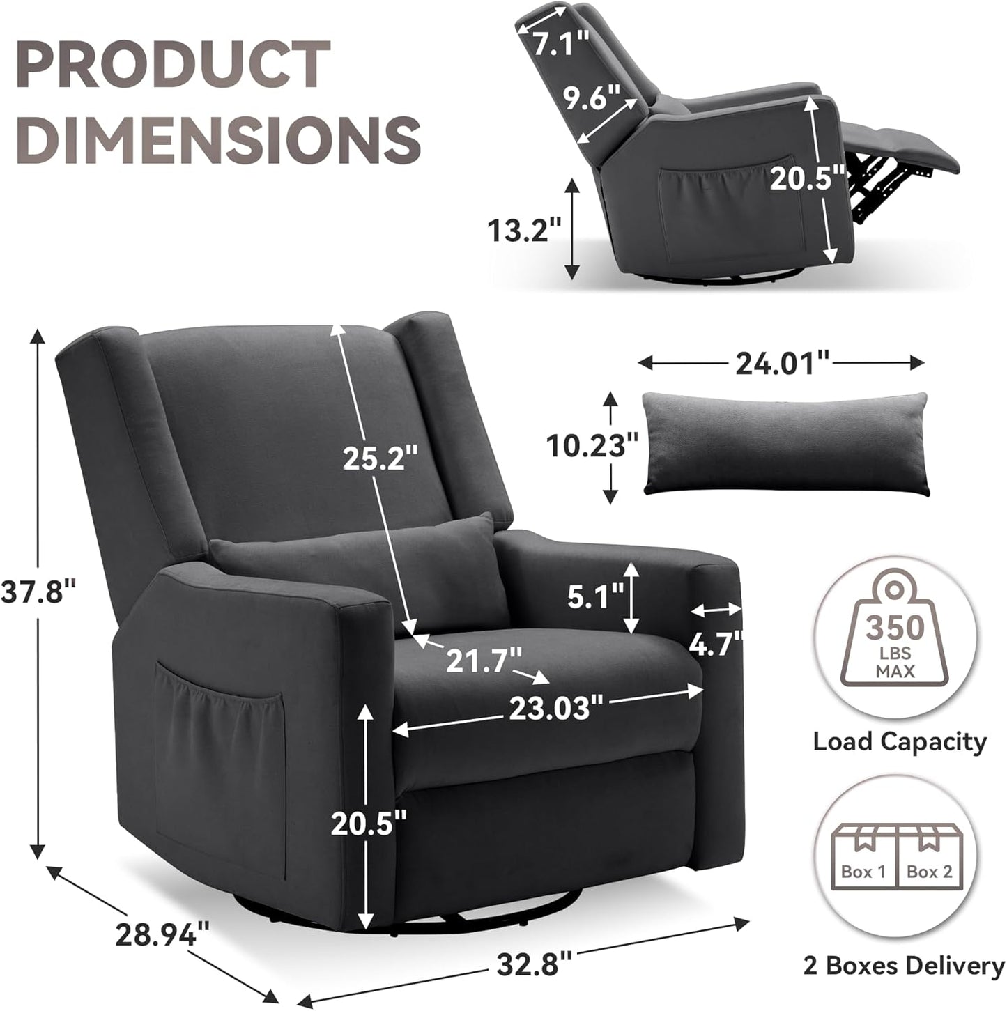 Tbfit Nursery Rocking Chair,360°Swivel Recliner Chair with Lumbar Support for Bedroom, Comfy Upholstered Armchair with Pillows & Footrest for Living Room & Baby Room