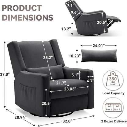 Tbfit Nursery Rocking Chair,360°Swivel Recliner Chair with Lumbar Support for Bedroom, Comfy Upholstered Armchair with Pillows & Footrest for Living Room & Baby Room