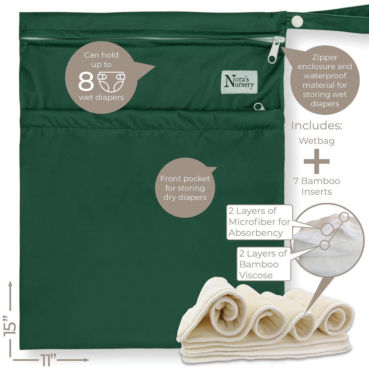 Nora's Nursery Cloth Diapers 7 Pack with 7 Inserts & 1 Wet Bag - Waterproof Cover, Washable, Reusable & One Size Adjustable Pocket Diapers for Newborns and Toddlers - Cali Coastal