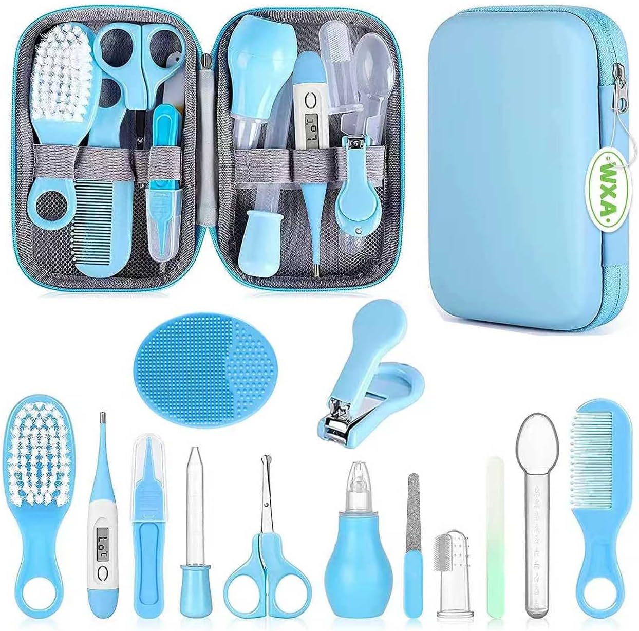 Baby Grooming Kit, Infant Safety Care Set with Hair Brush Comb Nail Clipper Nasal Aspirator,Baby Essentials Kit for Newborn Girls Boys (Grey White)
