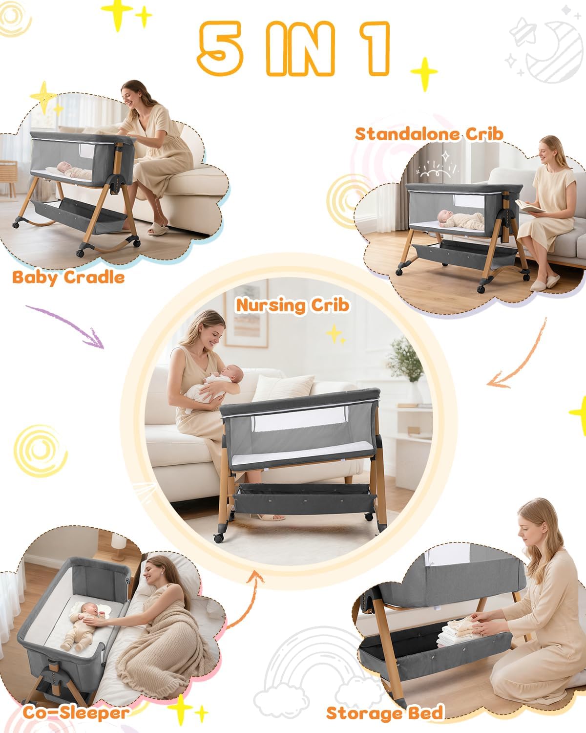 Baby Bassinet Bedside Bassinet with Large Storage Basket, Cozy Mattress, Rocking Mode, Adjustable Heights, Portable Bedside Crib for Newborn(Dark Grey)