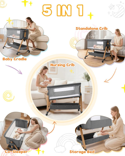 Baby Bassinet Bedside Bassinet with Large Storage Basket, Cozy Mattress, Rocking Mode, Adjustable Heights, Portable Bedside Crib for Newborn(Dark Grey)