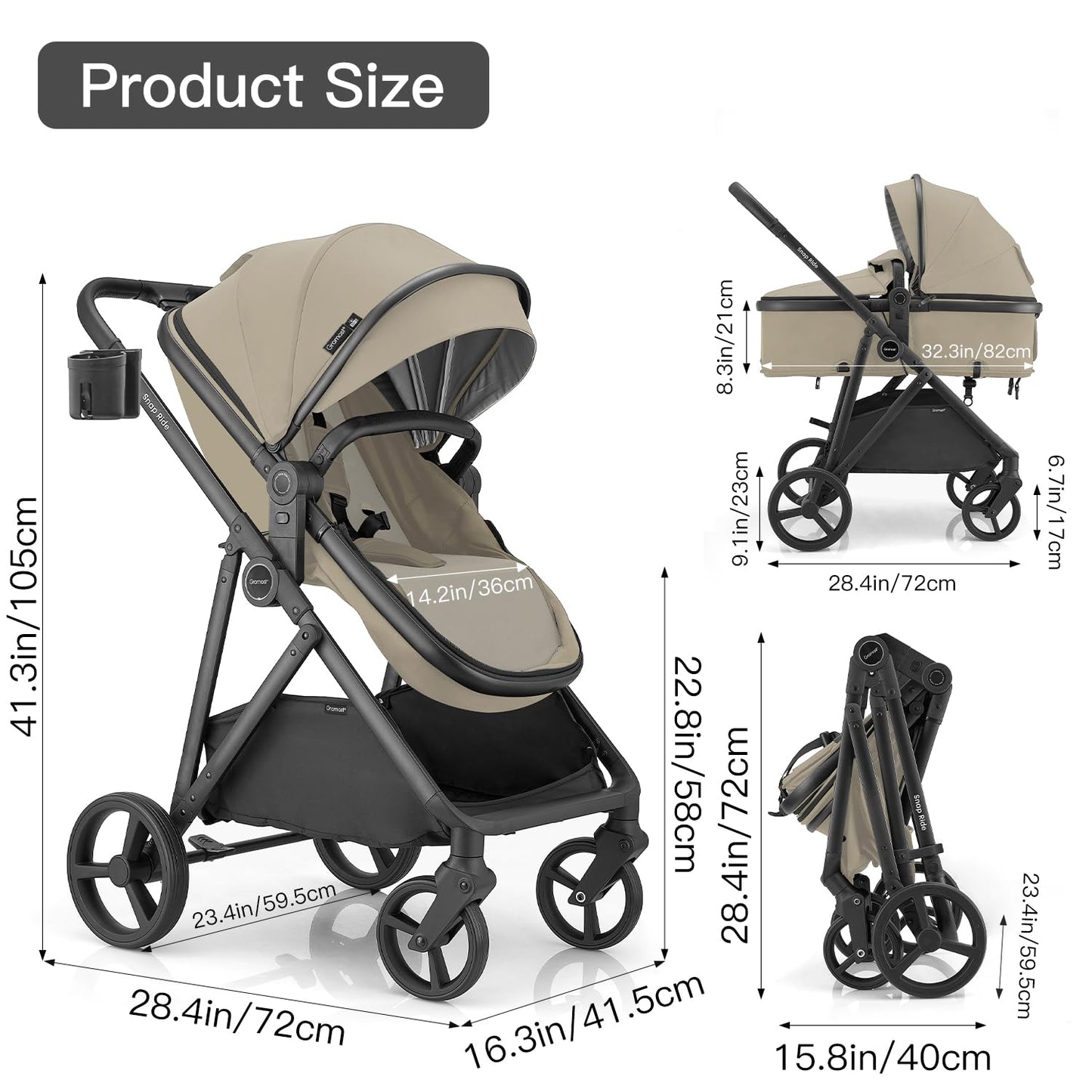 Gromast 3-in-1 Baby Stroller, Convertible Stroller for Newborn Infant Toddler with Reversible Seat, UPF 50+ Canopy & Cup Holder - Black