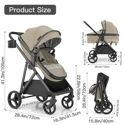 Gromast 3-in-1 Baby Stroller, Convertible Stroller for Newborn Infant Toddler with Reversible Seat, UPF 50+ Canopy & Cup Holder - Black