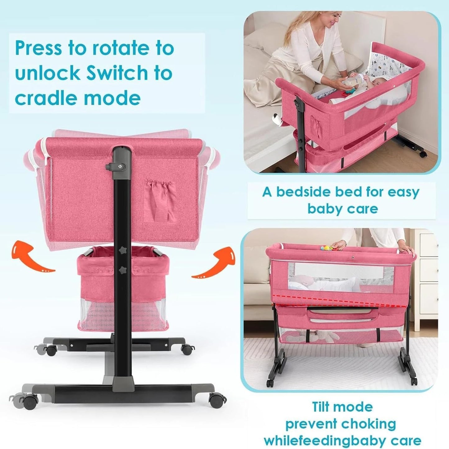 Baby Bassinets Bedside Sleeper, 3 in 1 Baby Bassinet, Adjustable Easy Folding Portable Bed, with Mosquito Nets, Large Storage Bag, Comfortable Mattresses, for Infant/Baby/Newborn (Gray)