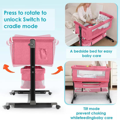 Baby Bassinets Bedside Sleeper, 3 in 1 Baby Bassinet, Adjustable Easy Folding Portable Bed, with Mosquito Nets, Large Storage Bag, Comfortable Mattresses, for Infant/Baby/Newborn (Gray)