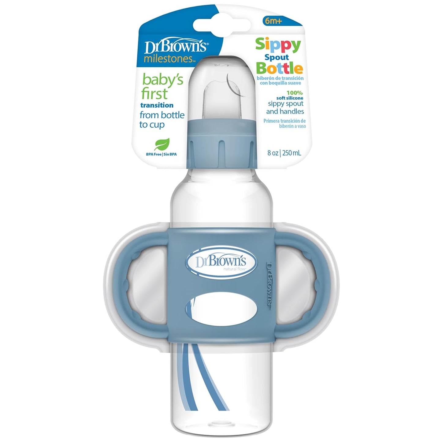 Dr. Brown's Milestones Narrow Sippy Spout Bottle with 100% Silicone, Easy-Grip Handles and Soft Sippy Spout, 8oz/250mL, Light Pink and Ecru, 2-Pack, 6m+