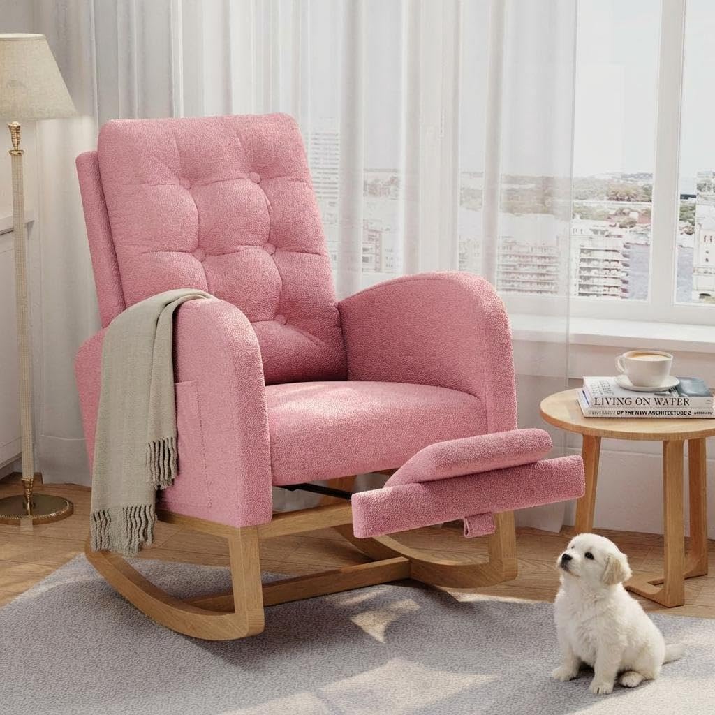 Modern Rocking Chair for Living Room, Comfortable Recliner Rocker with Side Pocket, Soft Linen Upholstered Glider Chair for Bedroom, Nursery, Lounge-Grey
