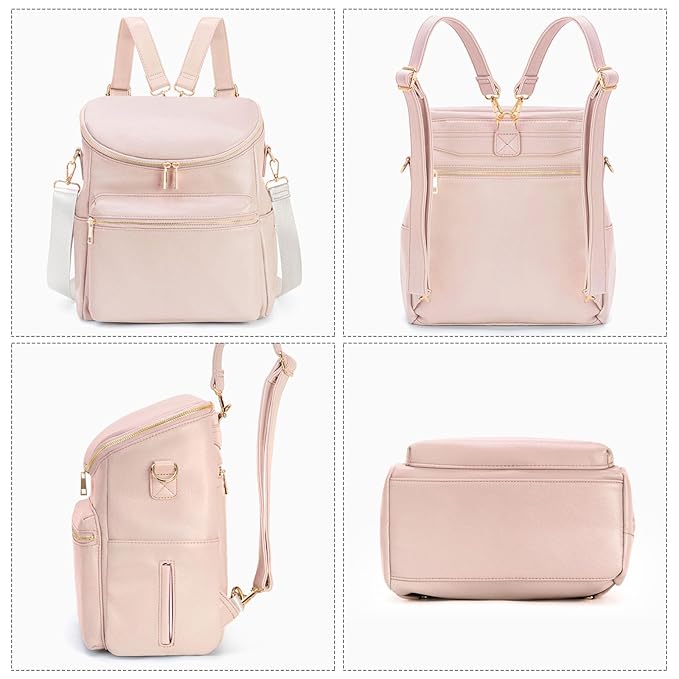 Minsong Diaper Bag Backpack, Fashion Leather Mommy Backpacks, Travel Baby Diaper Bags with in Bag Organizer and Changing Pad (Pink)