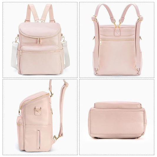 Minsong Diaper Bag Backpack, Fashion Leather Mommy Backpacks, Travel Baby Diaper Bags with in Bag Organizer and Changing Pad (Pink)