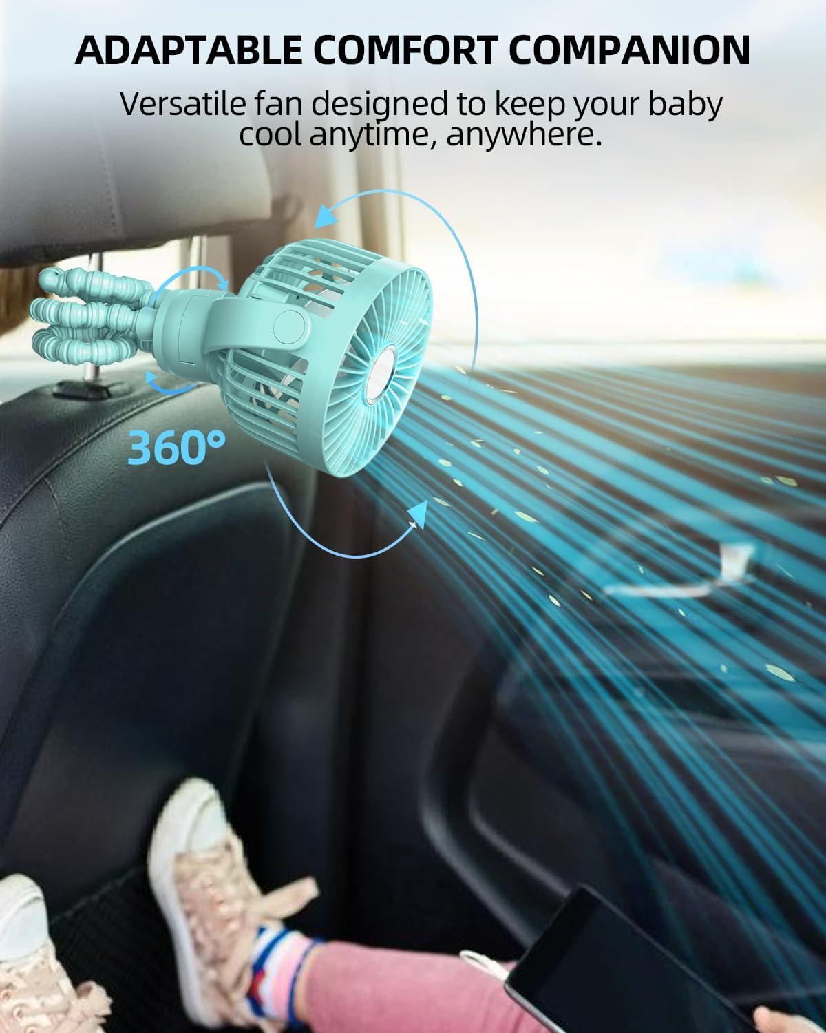 Portable Stroller Mini Fan, Small Rechargeable Personal Fan, Baby Travel Essentials for Wagon, Car Seat, Treadmill, Battery Powered Biking Gear Accessories, 360° Rotation, 3-Speed, Display, Black