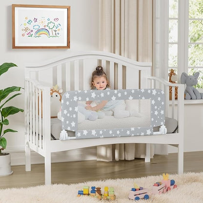 NUTIKAS Crib Rail Guard for Toddlers - 35.4" Toddler Bed Rails Convertible Safety Side Protector Swing Down Mesh Breathable Bed Barriers with Reinforced Anchor Safety