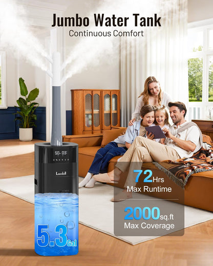 Lacidoll Cool and Warm Mist Humidifier Large Room, 5.3Gal/20L Humidifiers for Home 2000 sq ft, Whole House Humidifiers with Diffuser Extended Tube, Air Humidifier for Bedroom Nursery Baby Plants Black