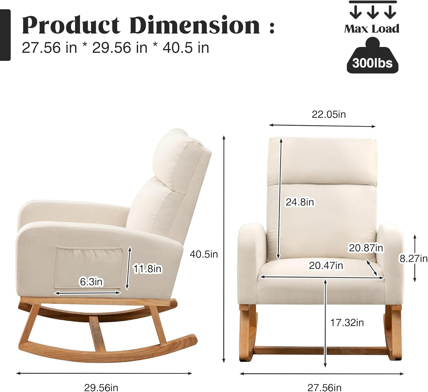 HCHAIRH Rocking Chair Nursery, Upholstered Fabricr Nursing Rocking Chairs with Soft High Back, Modern Nursery Glider Rocker for Mom Living Room, Bedroom, Camel
