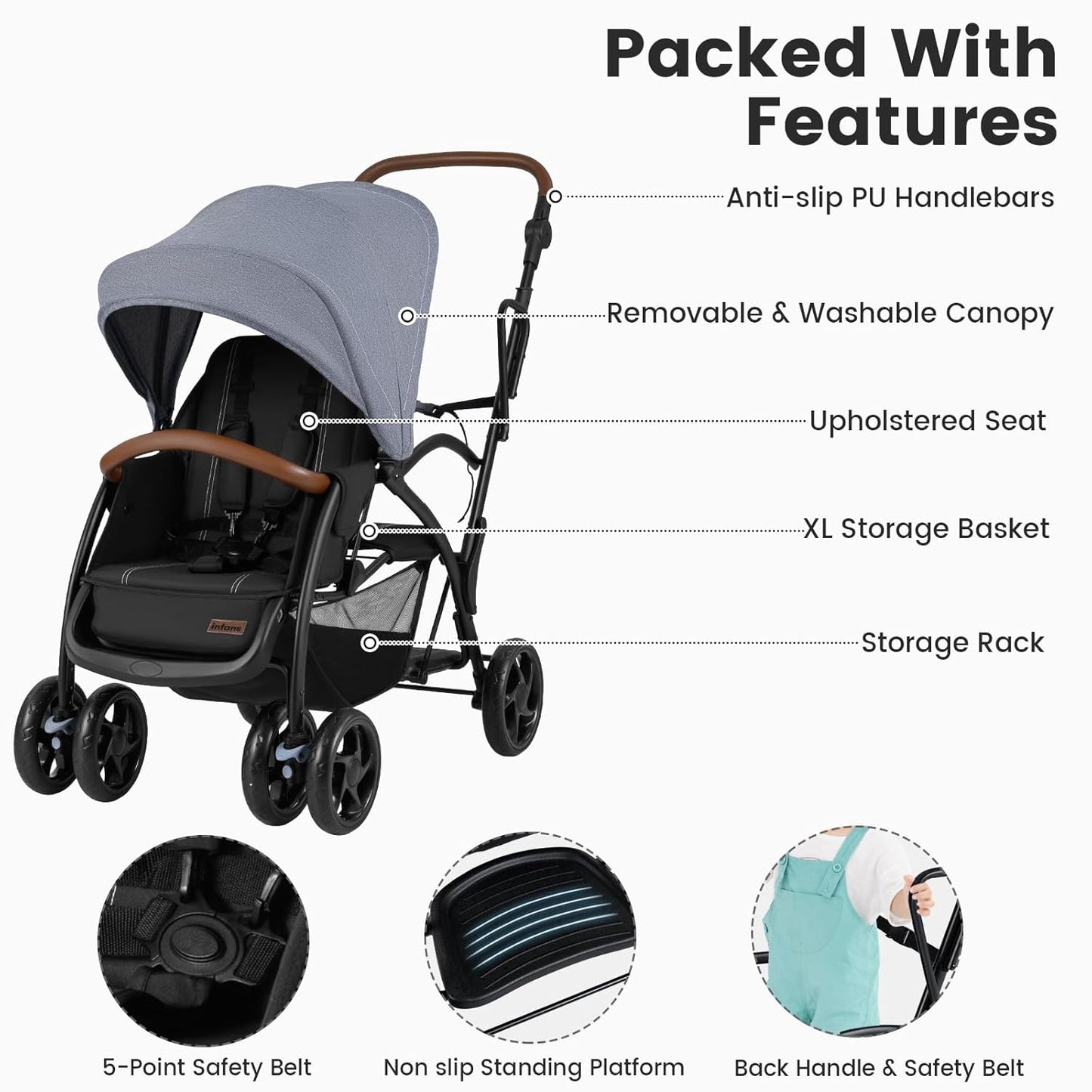INFANS Sit and Stand Double Stroller, Foldable Tandem with Standing Platform Reclining Backrest, Adjustable Handlebar and Footrest, Storage Basket 5-Point Harnesses, Baby Pushchair for Toddlers
