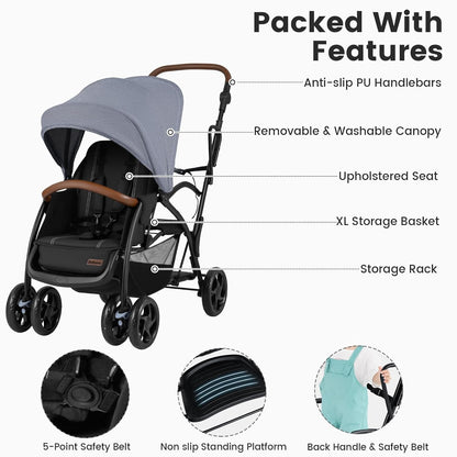 INFANS Sit and Stand Double Stroller, Foldable Tandem with Standing Platform Reclining Backrest, Adjustable Handlebar and Footrest, Storage Basket 5-Point Harnesses, Baby Pushchair for Toddlers