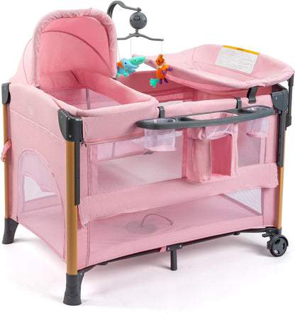 JOYMOR 7 in 1 Bedside Bassinet with Changing Table, All in One Nursery Center, Bedside Sleeper with Mattress, Sheet, Canopy, Storage Shelf,Gray