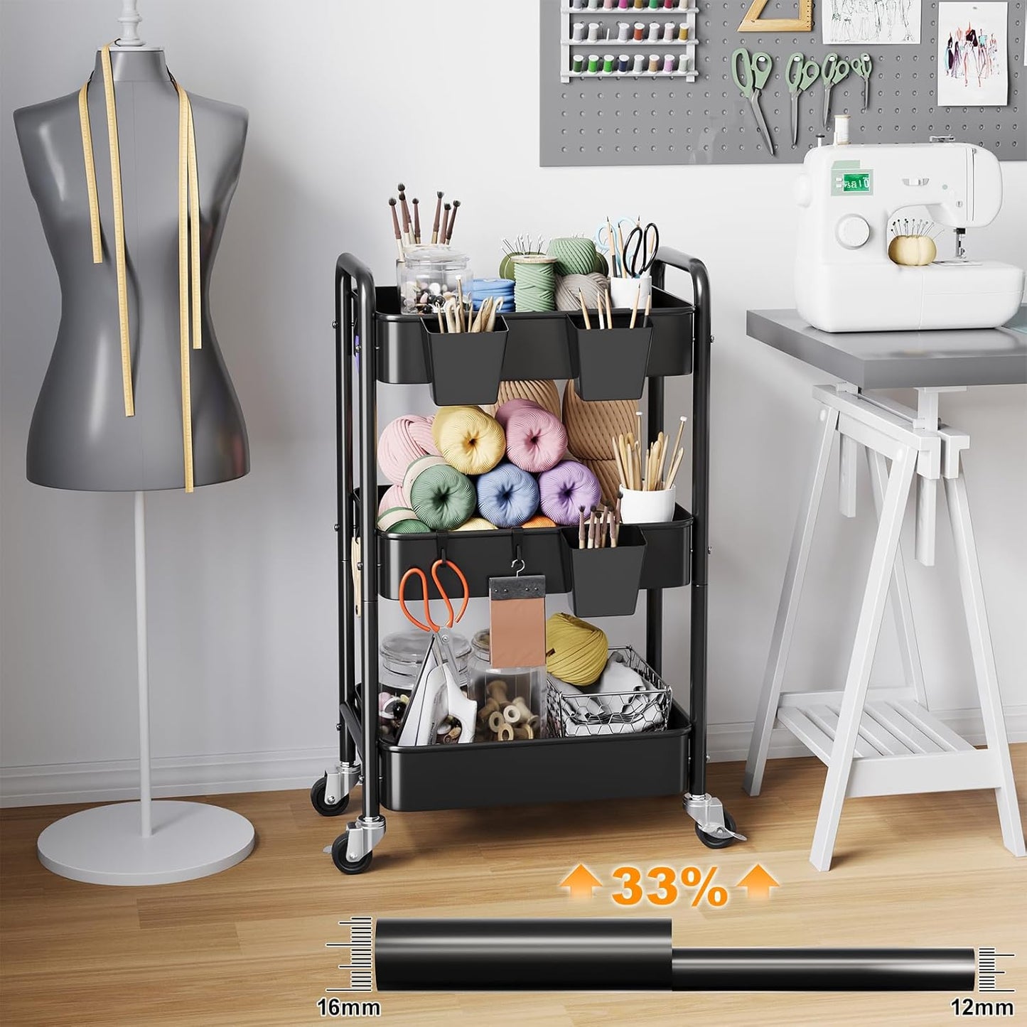 3 Tier Rolling Cart Metal with Lockable Wheels, Pink Three Tiered Diaper Caddy Cart Organizer on Wheels, Storage Utility Trolley Carts for Craft, Art, Nail, Lash, Baby Supplies, Cleaning, Mesh