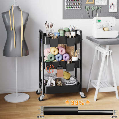 3 Tier Rolling Cart Metal with Lockable Wheels, Pink Three Tiered Diaper Caddy Cart Organizer on Wheels, Storage Utility Trolley Carts for Craft, Art, Nail, Lash, Baby Supplies, Cleaning, Mesh