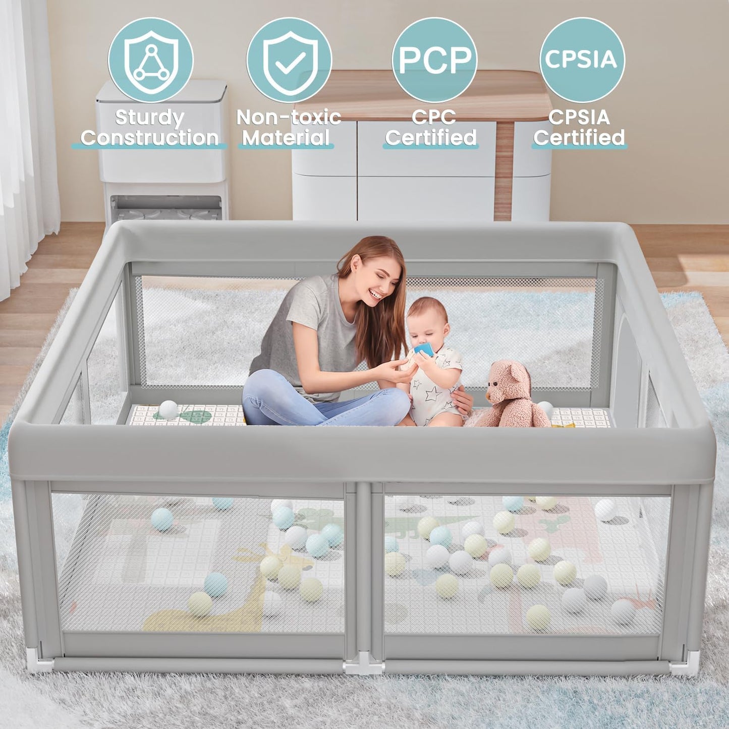 Hiaksedt Baby Playpen 50x50 Inch, Play Pens for Babies and Toddlers Baby Fence Play Yards for Indoor & Outdoor with Breathable Mesh Anti-Fall Playpen