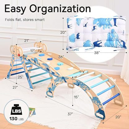 WINGYZ Pikler Triangle Set, Montessori Foldable 8-in-1 Jungle Gym with Reversible Animal Slide, Patent-Protected Climbing Set, Safe 2.35" Gap ASTM F963 Standards for Toddlers 18 Months-7 Years (Blue)