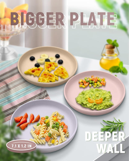 Classic Toddler Plates with Suction (3 Pack), Non Toxic & BPA Free Silicone Suction Plates for Baby Toddler Kids, Non Slip Baby Dinner Dishes Microwavable & Dishwasher Safe
