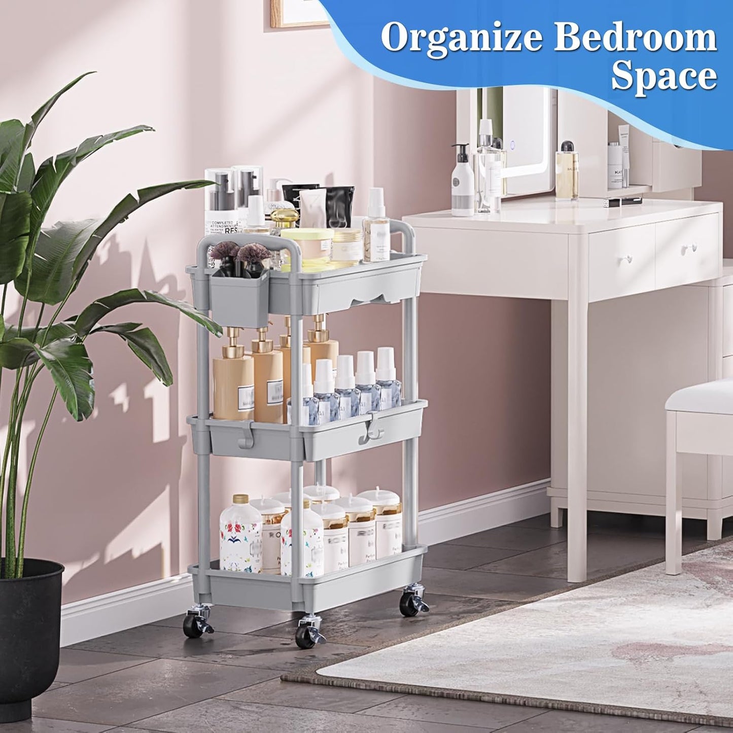 SUNALLY 3 Tier Rolling Cart with Drawer, Bathroom Storage Organizer with 2 Lockable Wheels, Multifunctional Rolling Storage Cart for Bathroom, Kitchen, Office, Craft, Makeup, Baby Essentials, White