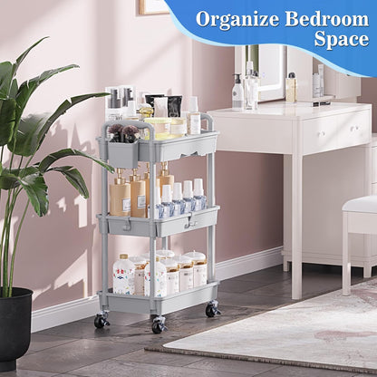 SUNALLY 3 Tier Rolling Cart with Drawer, Bathroom Storage Organizer with 2 Lockable Wheels, Multifunctional Rolling Storage Cart for Bathroom, Kitchen, Office, Craft, Makeup, Baby Essentials, White