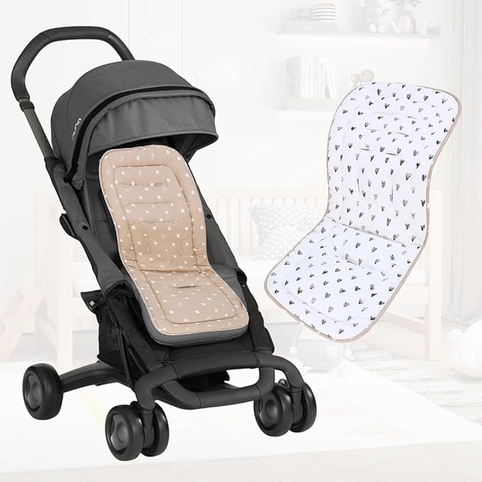 Baby Stroller Cushion,Infant Car Seat Insert-Reversible Universal Breathable and Soft Newborn Stroller Mat,100% Cotton Cover Toddler Seat Pad Liner-34x78cm,1 Pack(Black Heart+Khaki)