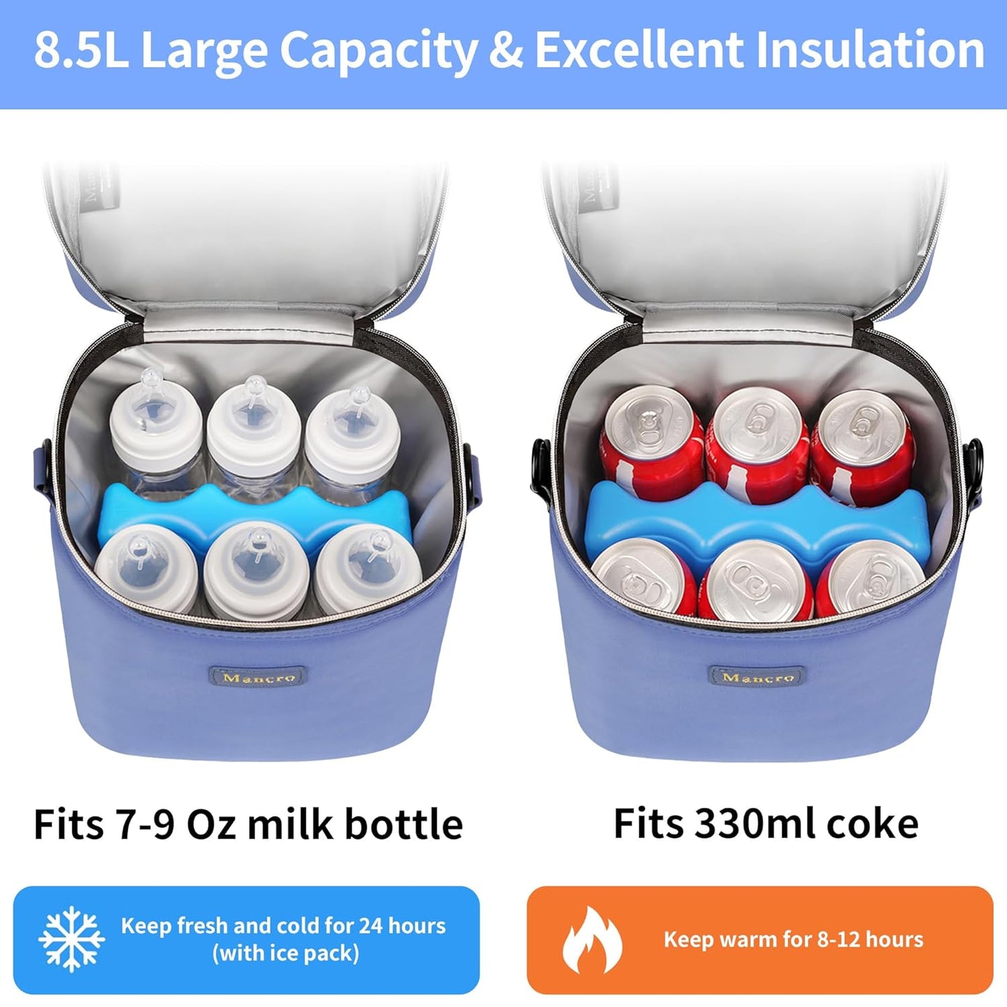 Mancro Breastmilk Cooler Bag with Ice Pack, Fits 6 Baby Bottles Up to 9 Ounce Insulated Baby Bottle Bag, Breast Milk Cooler on The go with Strap, Bottle Storage Bag for Nursing Mom Daycare, Black