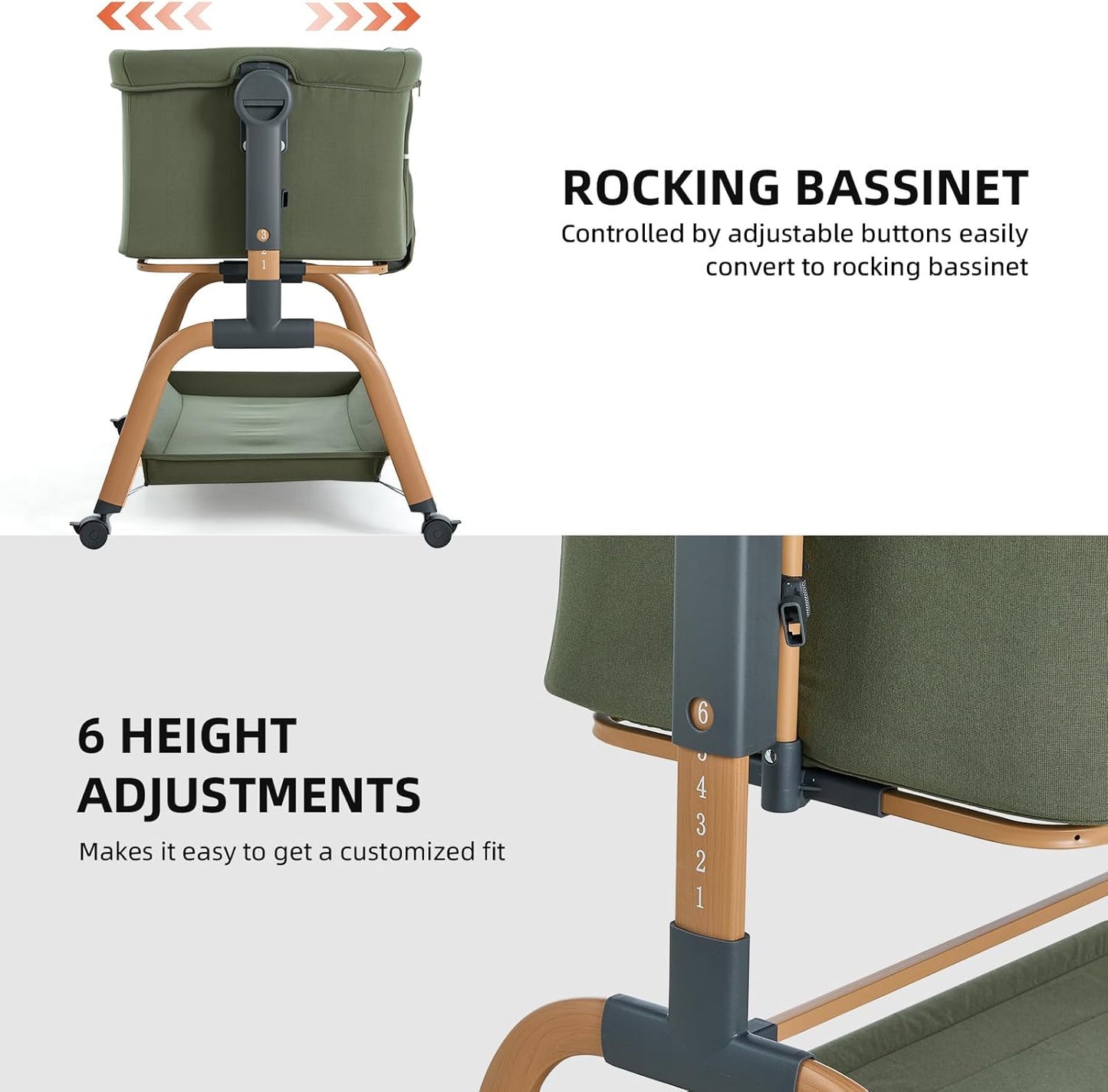 ANGELBLISS 3 in 1 Baby Bassinet, Rocking Bassinets Bedside Sleeper with Comfy Mattress and Wheels, 6 Height Adjustable Easy Folding Portable Bedside Crib for Newborn Infant (Khaki)