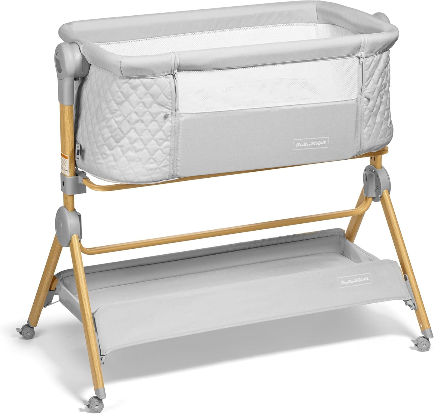 BaeBae Goods 3 in 1 Baby Bassinet with Wheels, Portable Bedside Sleeper for Baby 3 Adjustable Heights & Foam Mattress, Bedside Crib for Newborns & Infants with Storage Basket, Carry Bag Included
