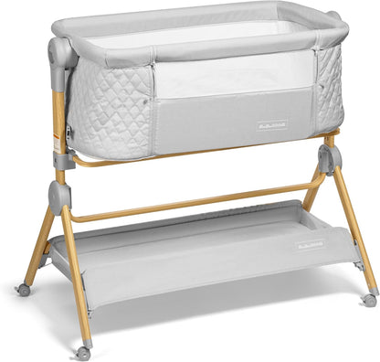BaeBae Goods 3 in 1 Baby Bassinet with Wheels, Portable Bedside Sleeper for Baby 3 Adjustable Heights & Foam Mattress, Bedside Crib for Newborns & Infants with Storage Basket, Carry Bag Included