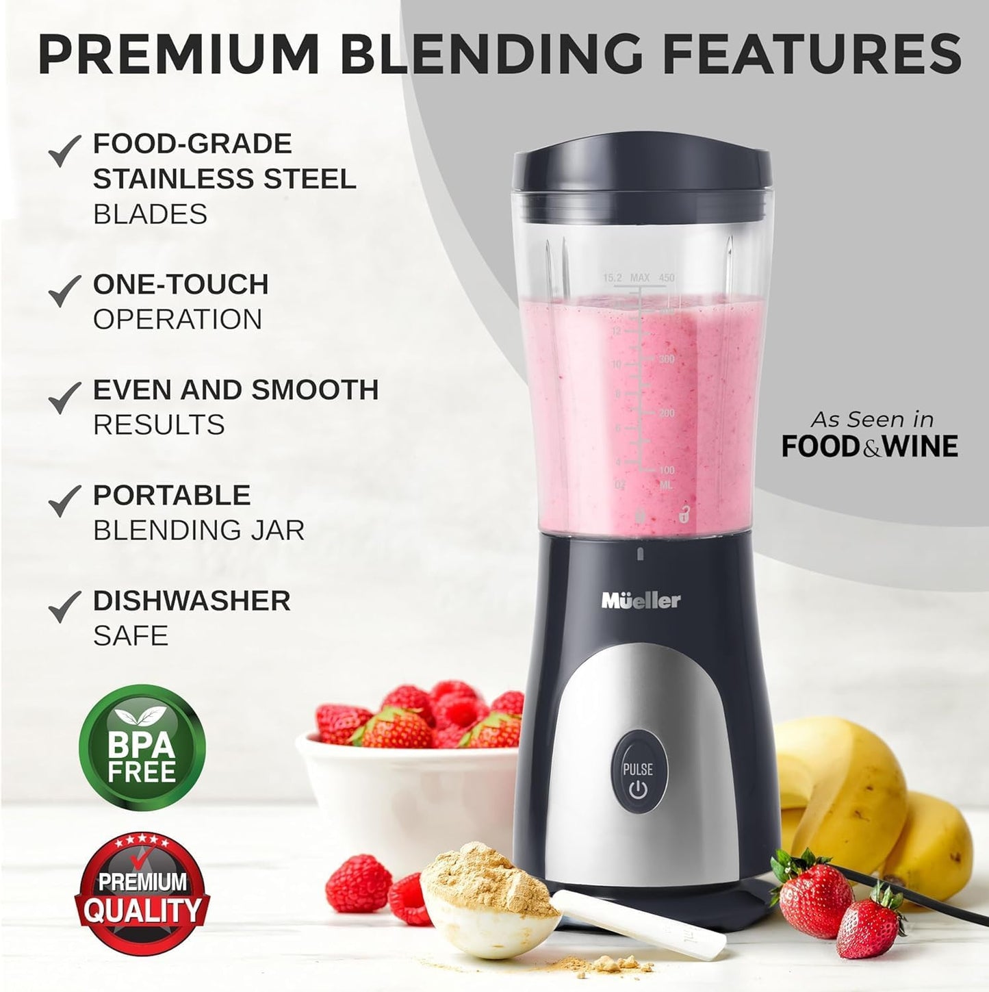 Mueller Heavy-Duty Personal Blender for Shakes and Smoothies with a 15 Oz Travel Cup and Lid, Juices, Baby Food, Portable Blender & Food Processor, Turquoise