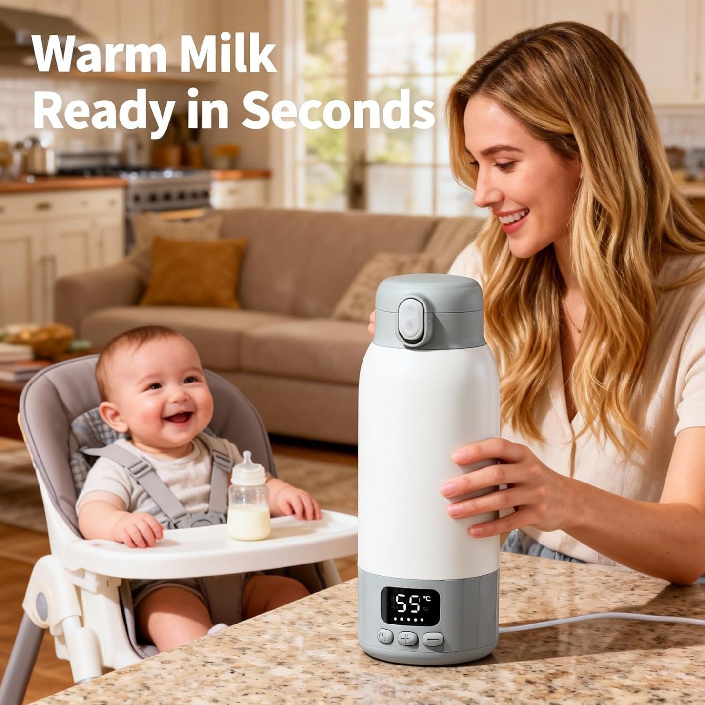 Portable Bottle Warmer for Travel, Fast Heating Milk Warmer On The Go, 17 OZ Water Warmer for Breast Milk, Formula, Water, Temp Control 98°F -131°F, Baby Essentials for Outdoor Airplane Car Journey