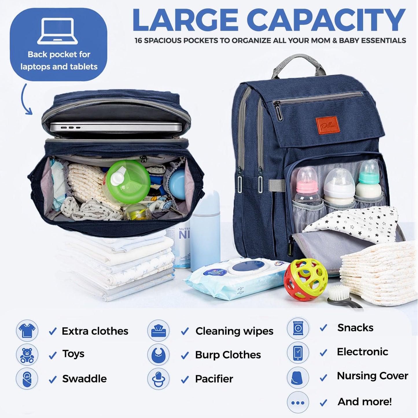PILLANI Baby Diaper Bag Backpack - Large Waterproof Travel Diaper Bag for Boys & Girls, 16 Organizer Pockets with Changing Pad, Insulated Bottle Pockets & Stroller Straps, Baby Shower Gifts, Dinosaur
