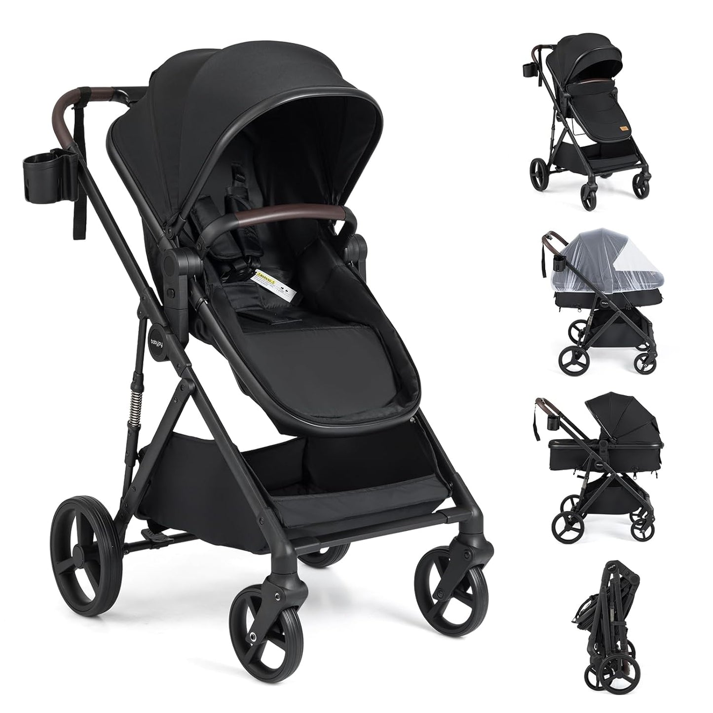 BABY JOY 2 in 1 Baby Stroller, High Landscape Convertible Bassinet Stroller with Reversible Seat, Net, Adjustable Canopy, Cup Holder, Foldable Pushchair Pram Stroller for Newborn Toddlers (Gray)