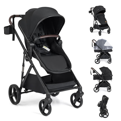 BABY JOY 2 in 1 Baby Stroller, High Landscape Convertible Bassinet Stroller with Reversible Seat, Net, Adjustable Canopy, Cup Holder, Foldable Pushchair Pram Stroller for Newborn Toddlers (Gray)