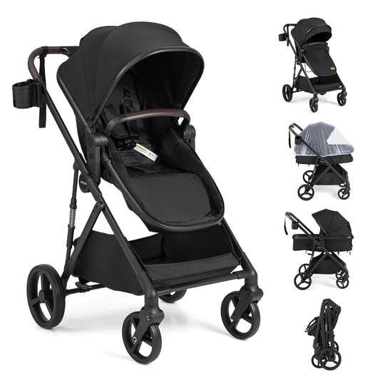 BABY JOY 2 in 1 Baby Stroller, High Landscape Convertible Bassinet Stroller with Reversible Seat, Net, Adjustable Canopy, Cup Holder, Foldable Pushchair Pram Stroller for Newborn Toddlers (Gray)