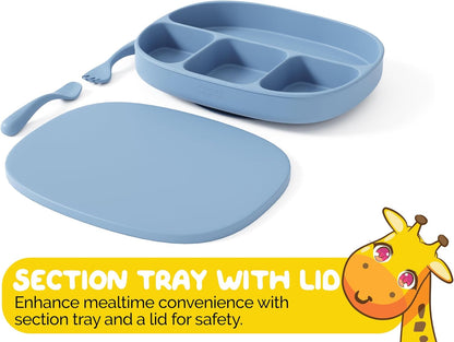 Toddler Necessities Baby Feeding Essentials Set for Baby in Green Color with Baby plates with Suction and Silicone Utensil Set - (3 Pieces)