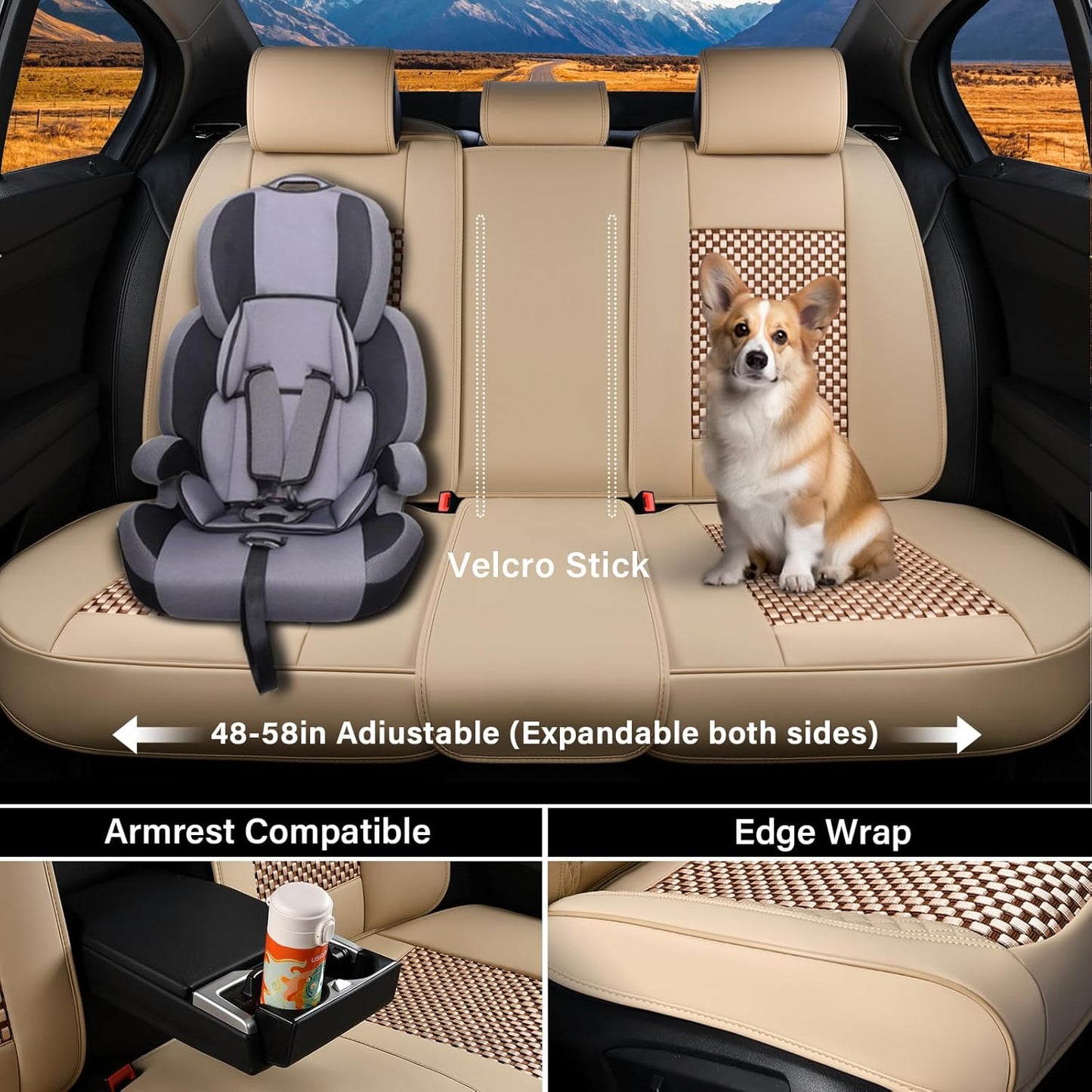 Coverado Leather Seat Covers for Car, Waterproof Car Seat Covers Full Set, 2 in 1 Conversions Car Seat Cover Protector Car Accessories Universal Fit for Most Cars SUVs and Trucks Beige