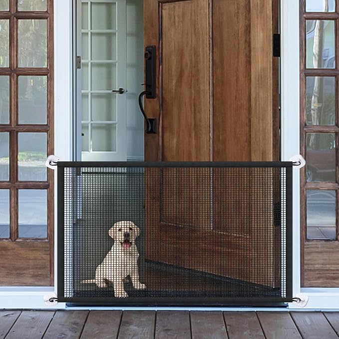 Mesh Dog Gates for Pets, Magic Pet Gate for The House, Portable Puppy Safety Fence Guard for Stairs and Doorways, Easy Install Anywhere, 70" W x 30" H, 8 Hooks