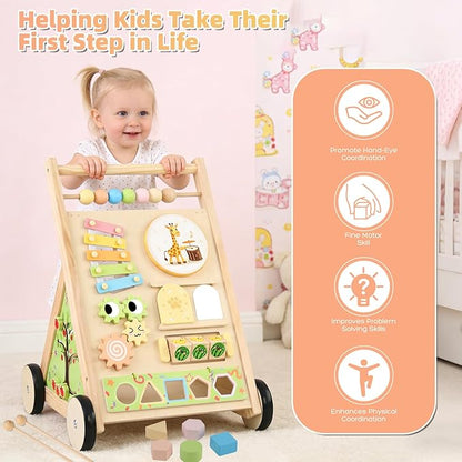 Wooden Baby Walker with Wheels Baby Push Walker for Boys Girls 6-12 Months Wooden Walker Activity Center Walking Toys for 1 Year Old Learning to Walk Sit to Stand Walker for Baby 12-18 Months Push Toy
