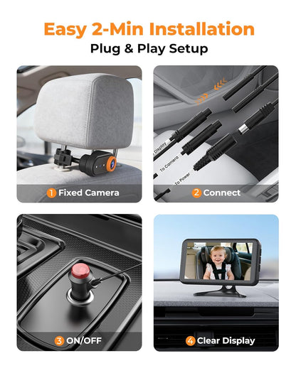 LUCKVIEW BM2A Baby Car Camera – 3X Zoom to See Baby Clearly, 5.2" 1080P Display & Auto IR Night Vision, Rear-Facing View Monitor, Easy Install for Parents & Pet Owners