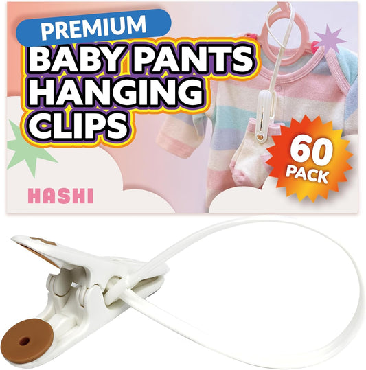 HASHI Baby Clothes & Pants Clips, Non-Slip Hanger Clips with Strong Grip, Space-Saving Organizer for Baby & Toddler Laundry, Closet, Socks, Stroller, Travel & Drying Rack (60, Standard)